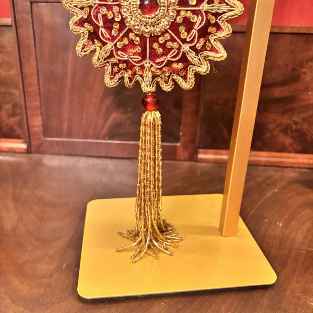 Lord & Taylor Beaded Christmas Ornament Red Gold Zardozi Tassel India Holiday
